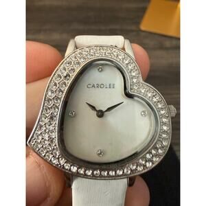 NWT Carolee Heart-Shaped White Strap Rhinestone-Encrusted Bezel Watch MSRP $175
